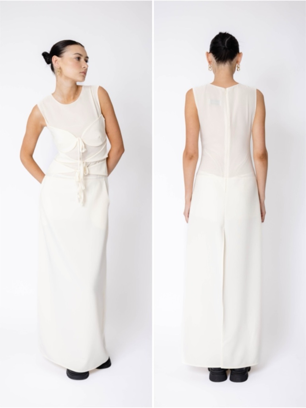 The NKC Store Cream Maxi Dress Sheer Corset Bodice Minimalist Elegant One Size​